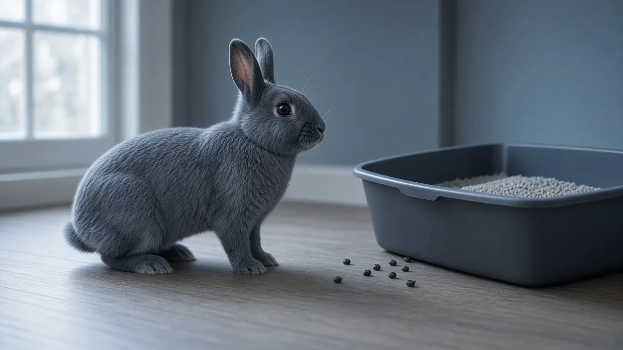 Rabbit beside its litter box with a few droppings, showing signs to watch for in litter-related problems