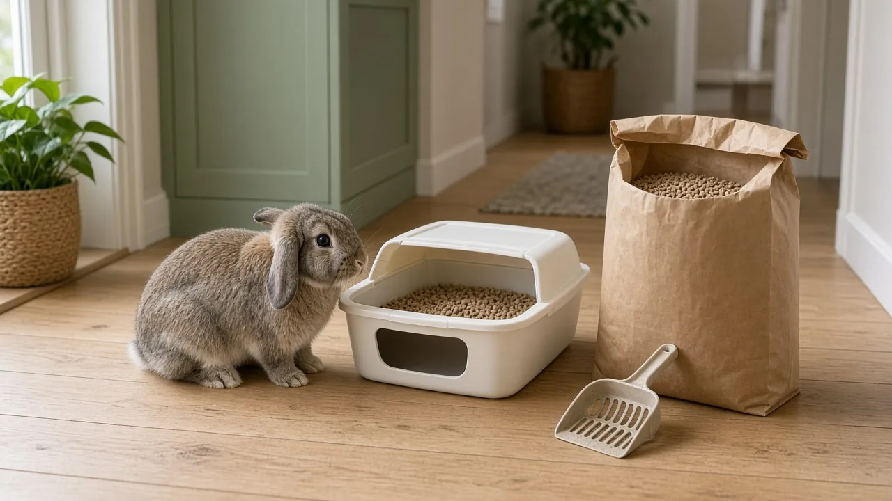 Rabbit beside a litter box with fresh paper pellets and a scoop, showing how often to check and replace supplies