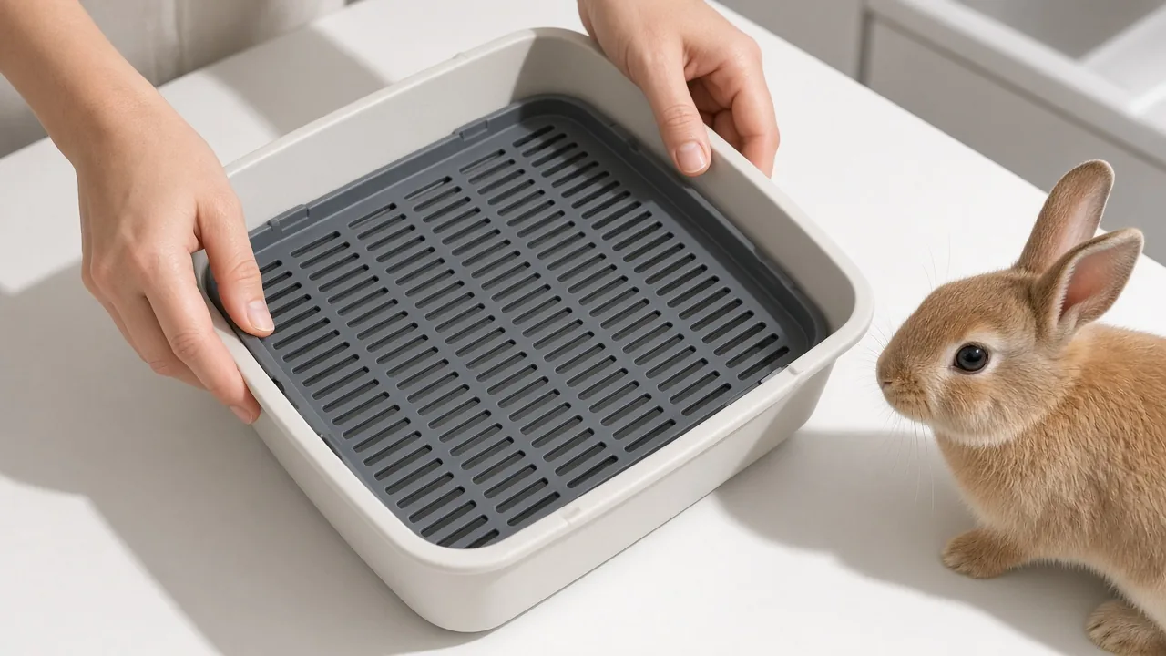 Hands fitting a slotted plastic liner into a rabbit litter box to keep bentonite cat litter out of reach