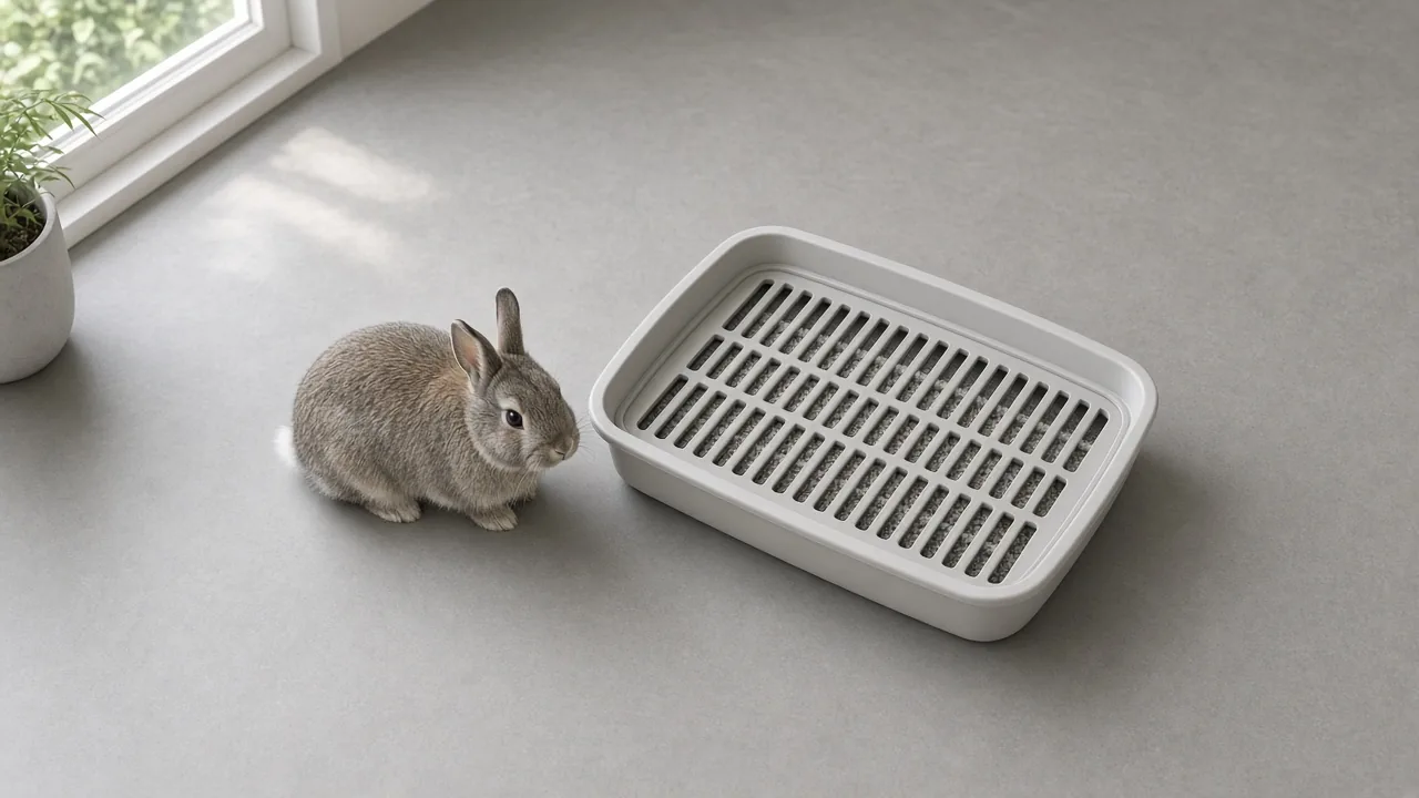 Rabbit sitting next to a slotted-tray litter box, illustrating whether rabbits can use cat litter safely