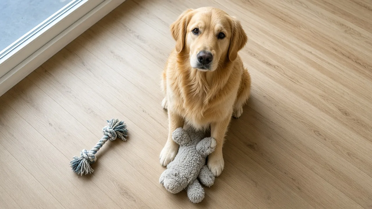A golden retriever sitting calmly with a plush toy gently held between its paws, learning how to teach dog to play gently