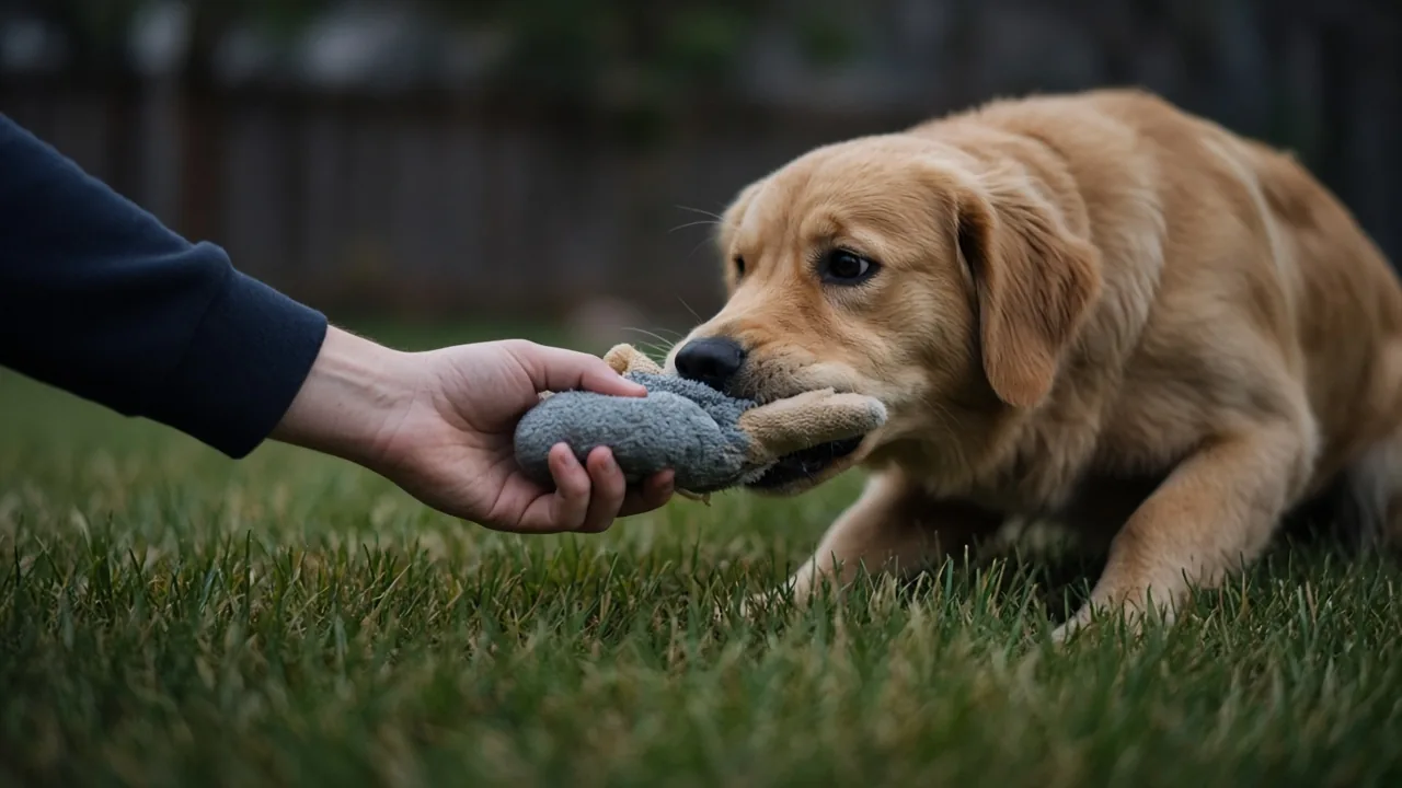 A hand offering a plush toy to a dog that takes it gently during a tug-to-plush handoff drill