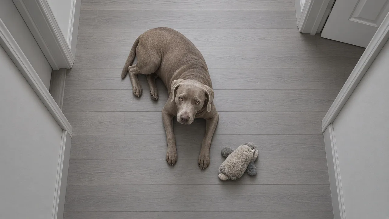 A dog lying in a calm down-position on a hardwood floor beside a dropped plush toy