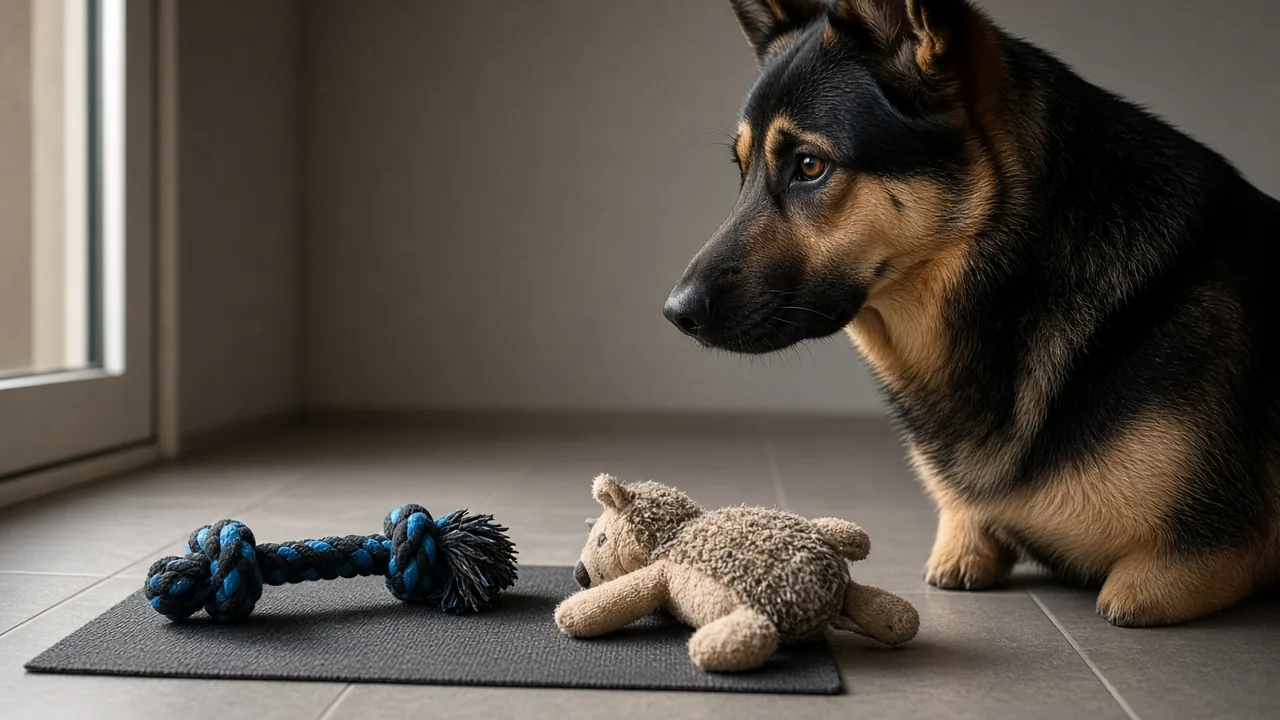 A dog sitting on a quiet floor with a tug toy and a plush toy set out side by side before a training session