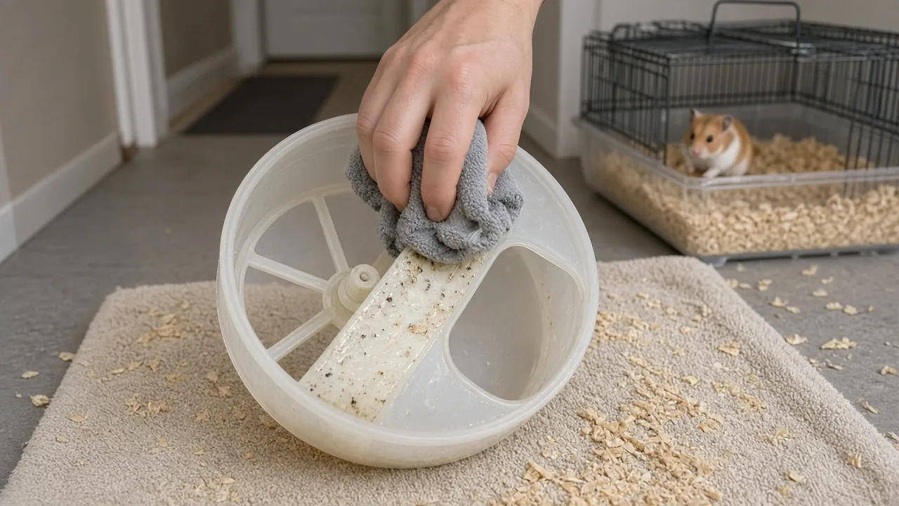 Hand wiping down the running surface and entry hole of a hamster wheel on a towel to keep the axle clean and cool