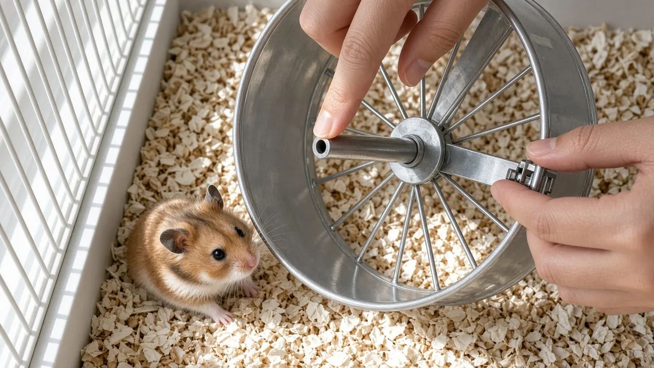 Hands checking the axle and entry hole of a hamster wheel for warmth and wear, with a hamster watching nearby to show how do