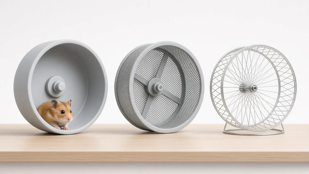 Solid, mesh, and wire hamster wheels lined up on a table, comparing which wheel type runs cooler and safer for a hamster