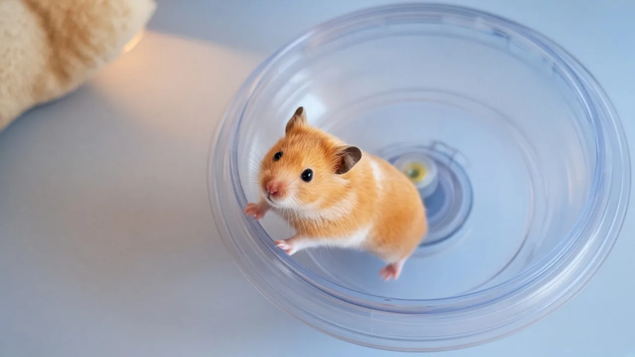 A golden Syrian hamster running at speed on a solid plastic wheel, showing whether do hamster wheels get too hot during a