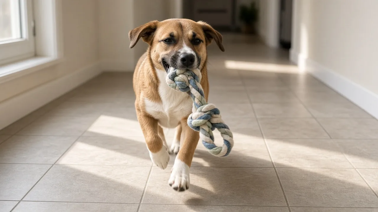 A dog carries a braided cotton toy, showing DIY dog toys from old t-shirts in use.