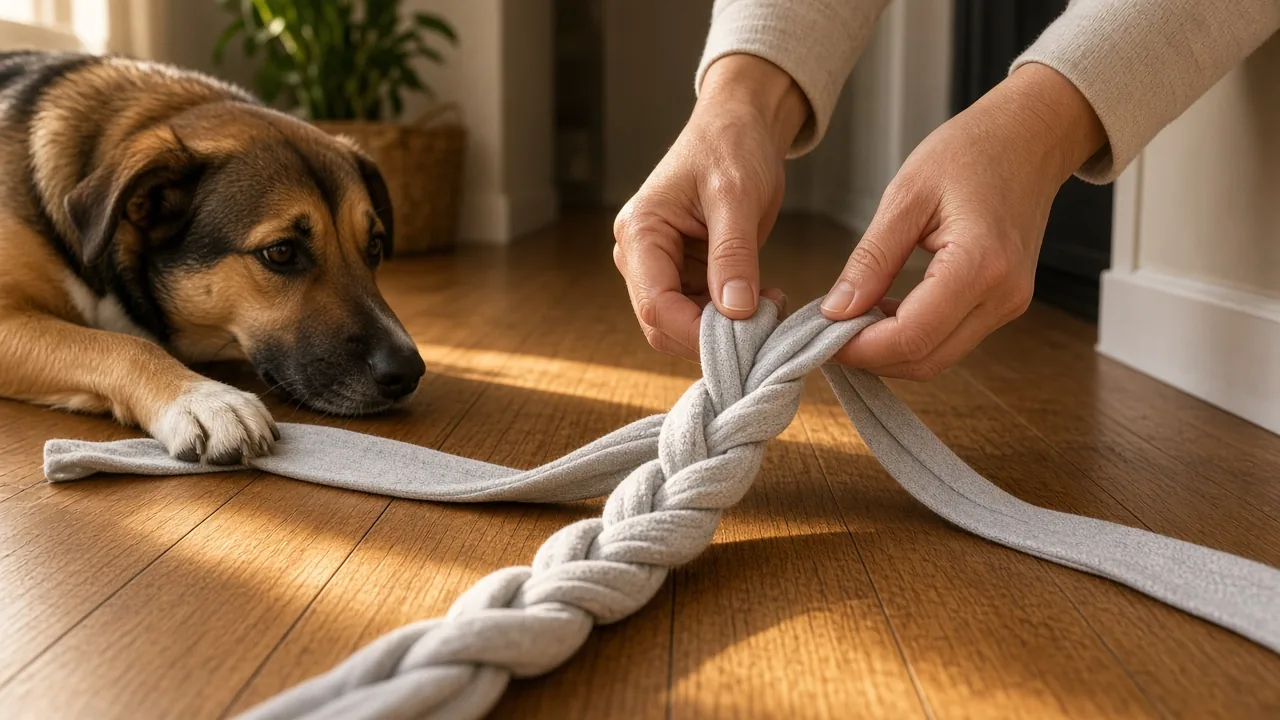 Hands braid three cotton strips while a dog rests nearby, making DIY dog toys from old t-shirts.