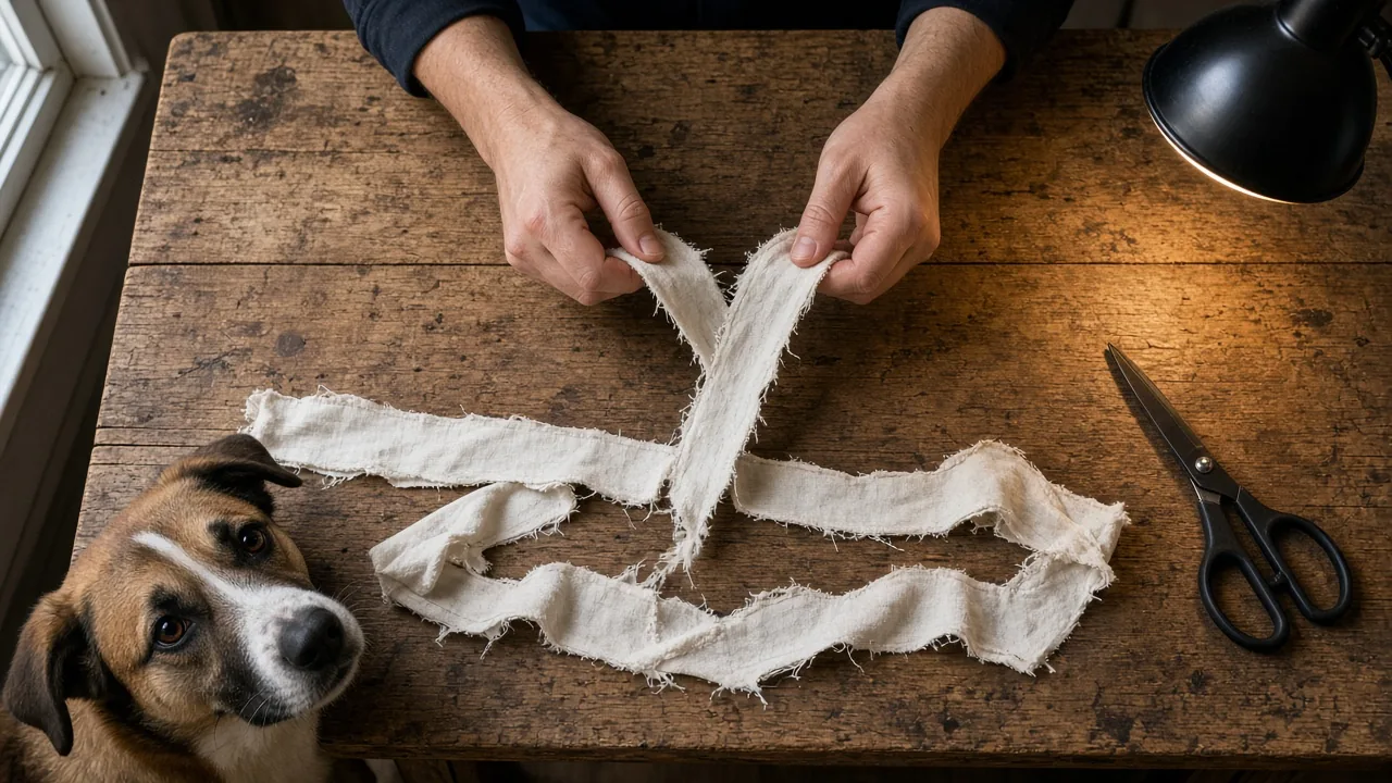 Hands tear old cotton t-shirt into strips for DIY dog toys from old t-shirts as a dog watches.