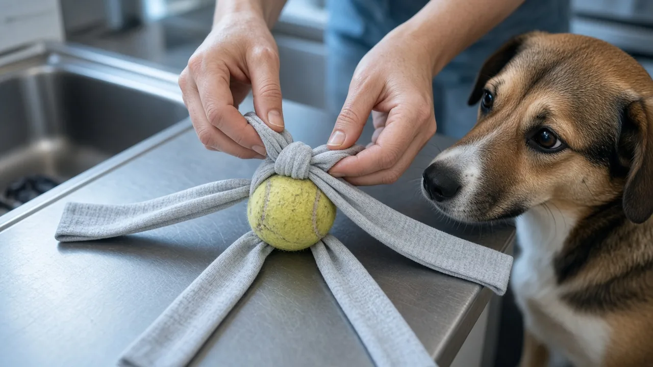 A dog watches hands wrap a tennis ball with t-shirt strips for DIY dog toys from old t-shirts.