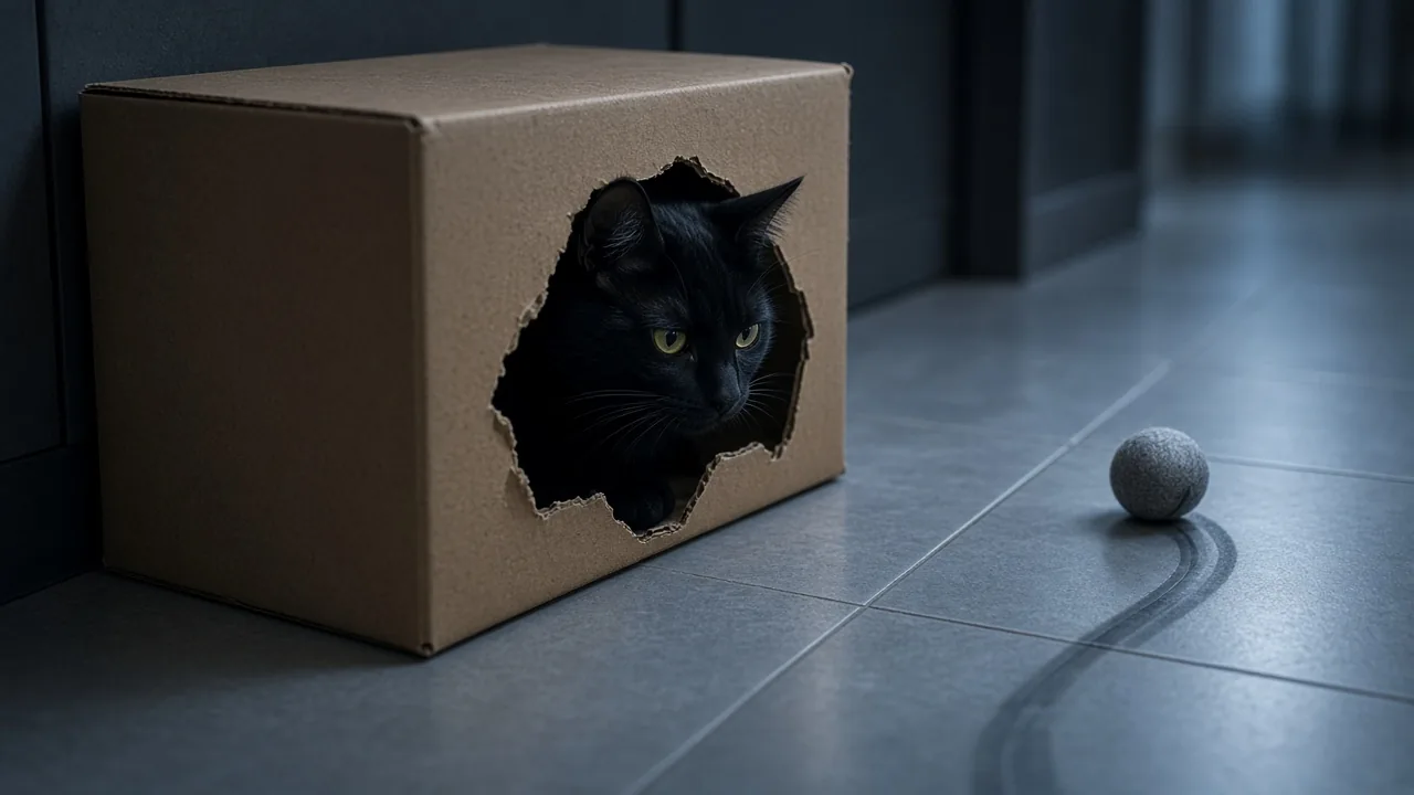 Black cat stalking from behind a cardboard box while watching a ball on a tile floor, matching toys to hunting style for cats