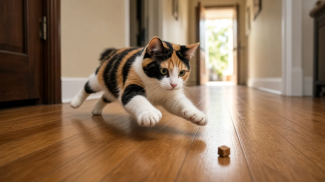 Calico cat chasing a treat across a smooth hardwood hallway, treat-chase games as a free alternative for cats that ignore