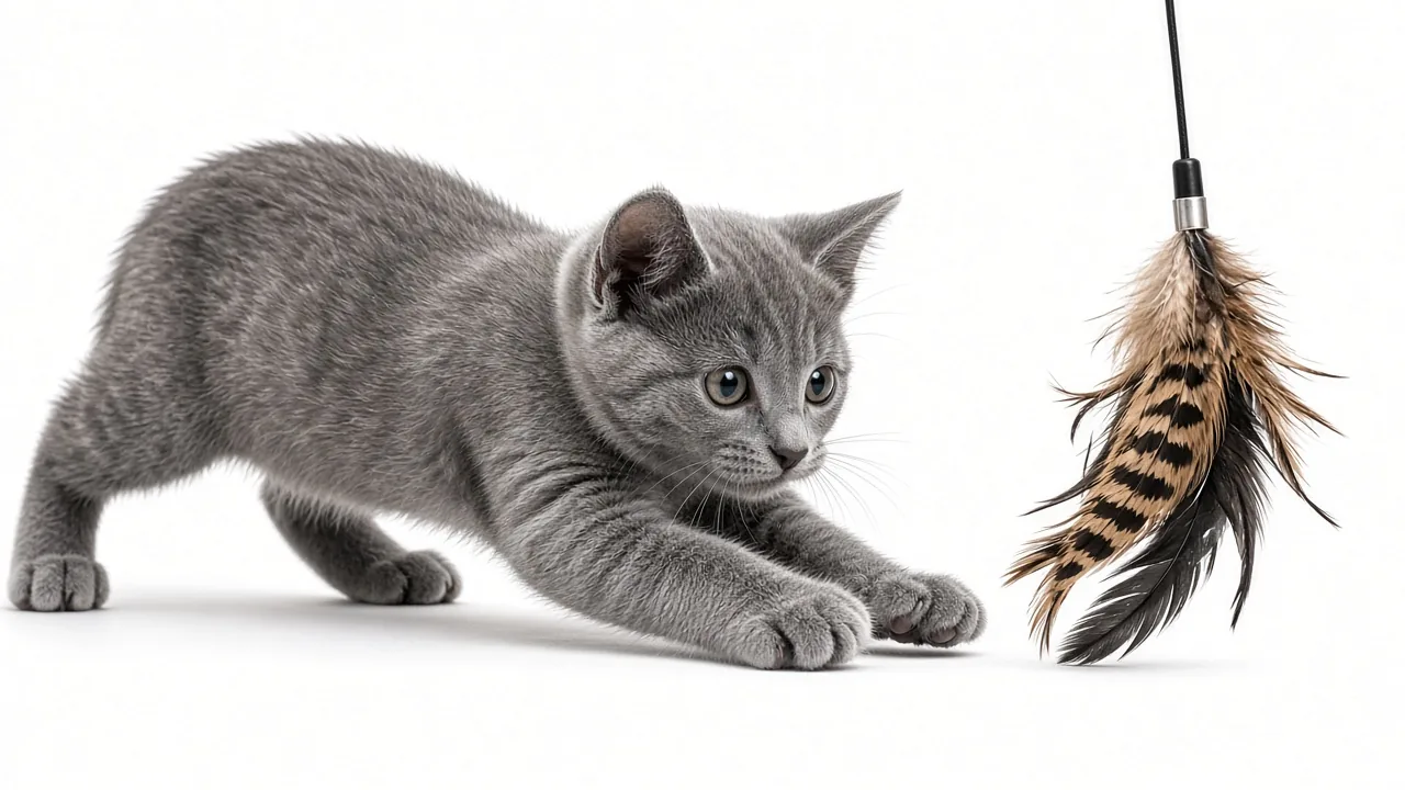 Gray kitten in a hunting crouch pouncing on a feather wand, cats that ignore store bought toys still show strong play
