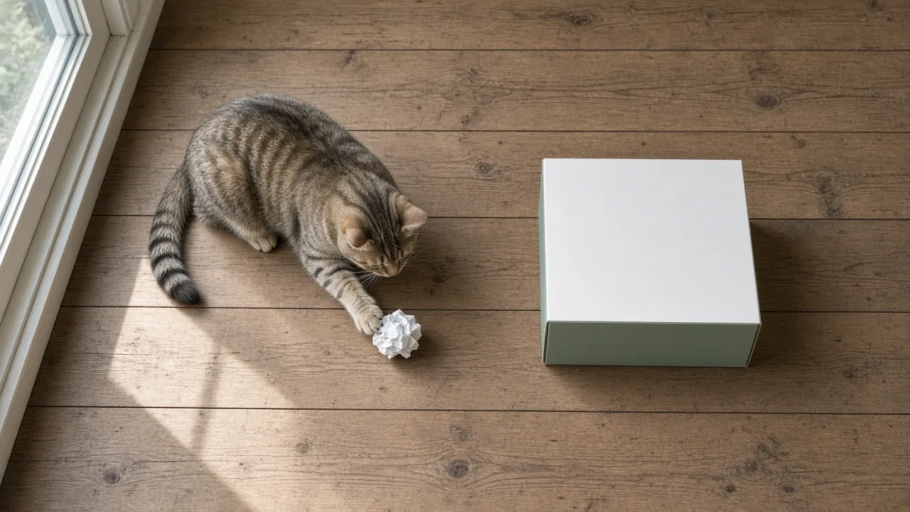 Cat ignoring a store bought toy while batting at a crumpled paper ball on a wooden floor, cats that ignore store bought toys