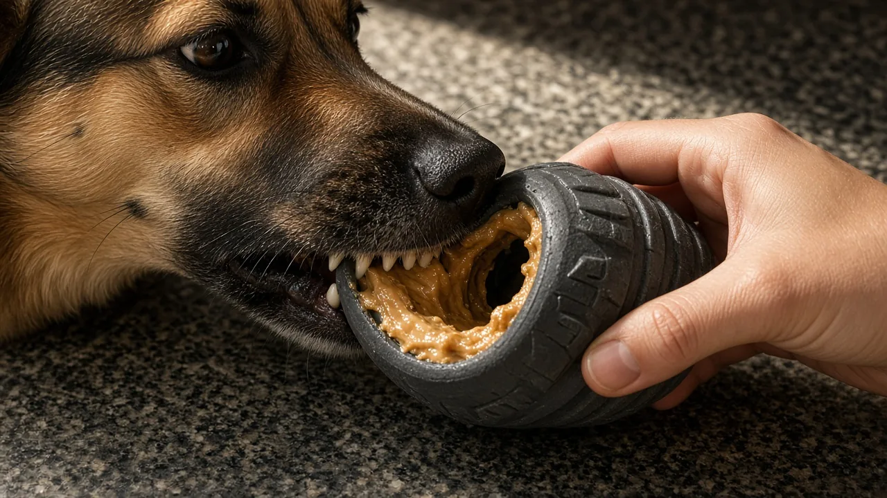 Dog chewing a hollow solid rubber dog chew toy filled with peanut butter on a kitchen counter
