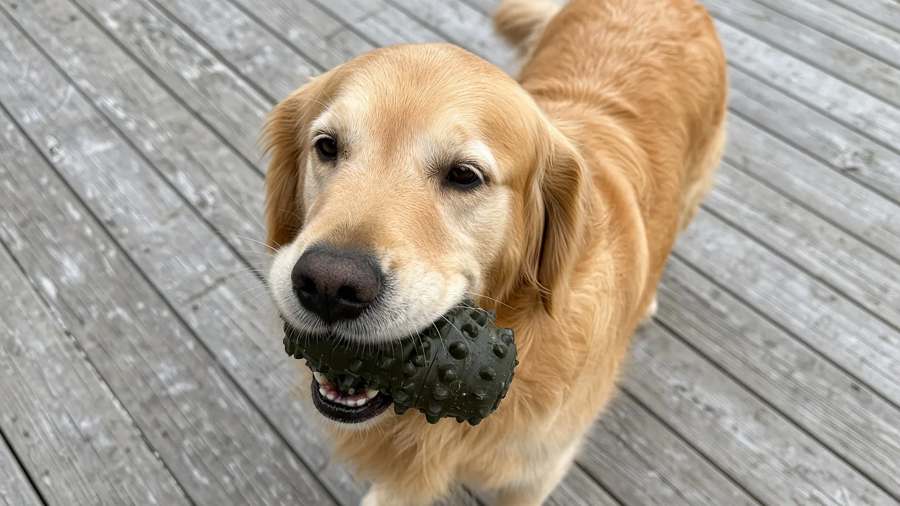 Golden retriever chewing a solid rubber dog toy outdoors to test whether indestructible dog toys are actually durable