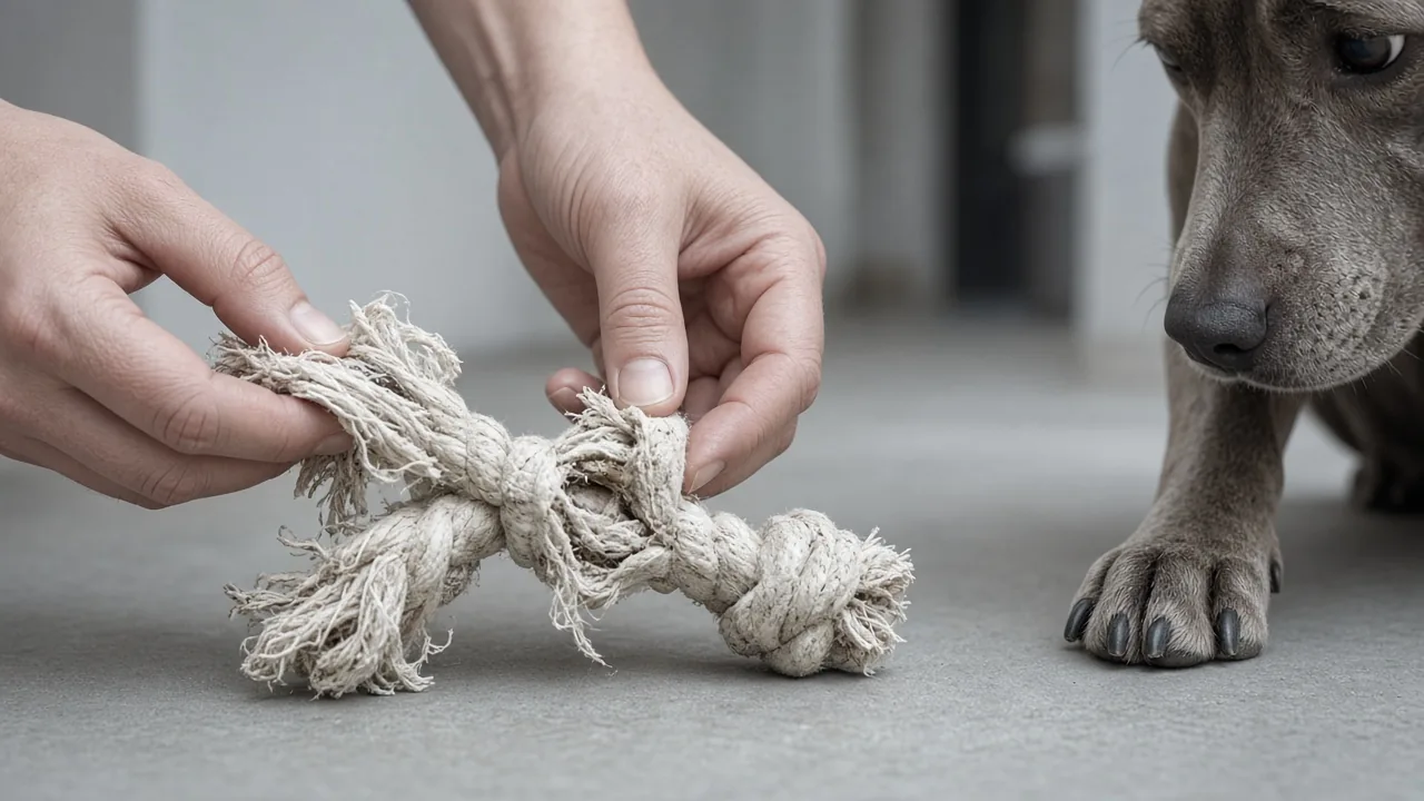 Hands checking a frayed rope dog chew toy for damage before giving it to a dog