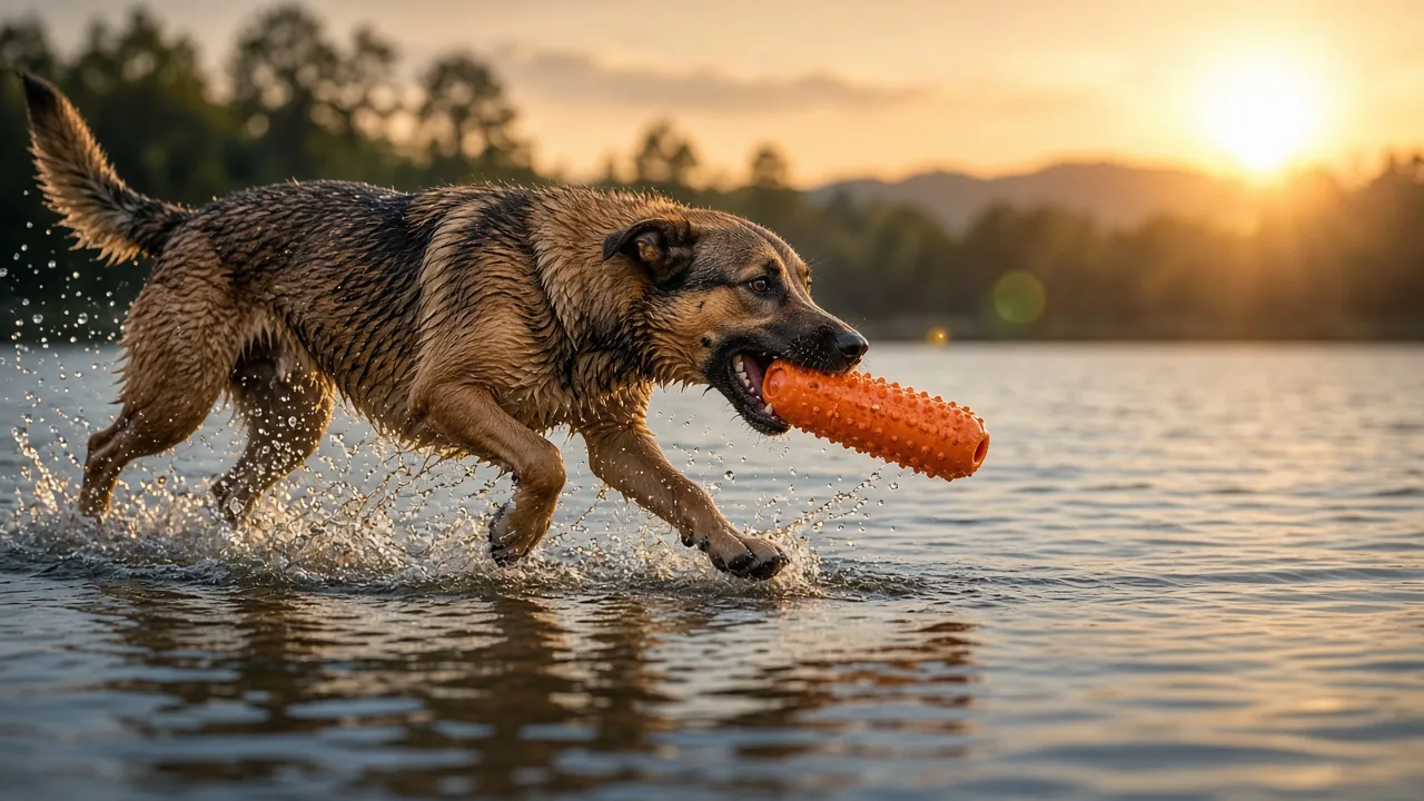 Dog retrieving a floating rubber chew toy from a lake, showing a water-friendly dog toy