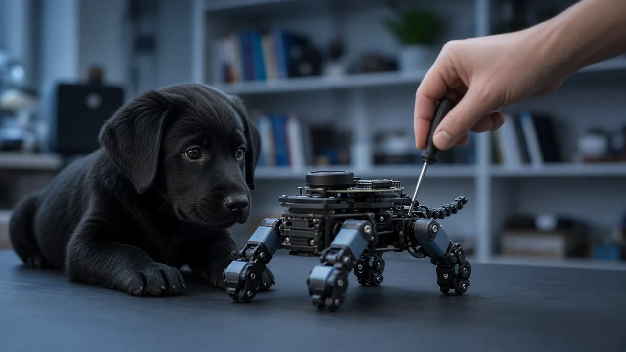 A black Labrador puppy watching a DIY robot dog toy get its servo legs and tail assembled on a desk.