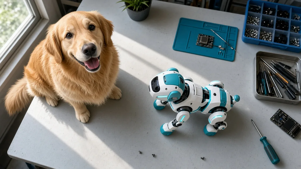 A golden retriever sitting next to a finished DIY robot dog toy with glowing LED strips on a workshop bench, showing how to