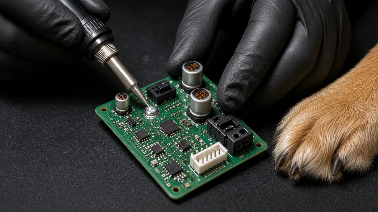Hands soldering capacitors and a power switch onto a circuit board for a DIY robot dog toy, with a dog paw at the frame edge.