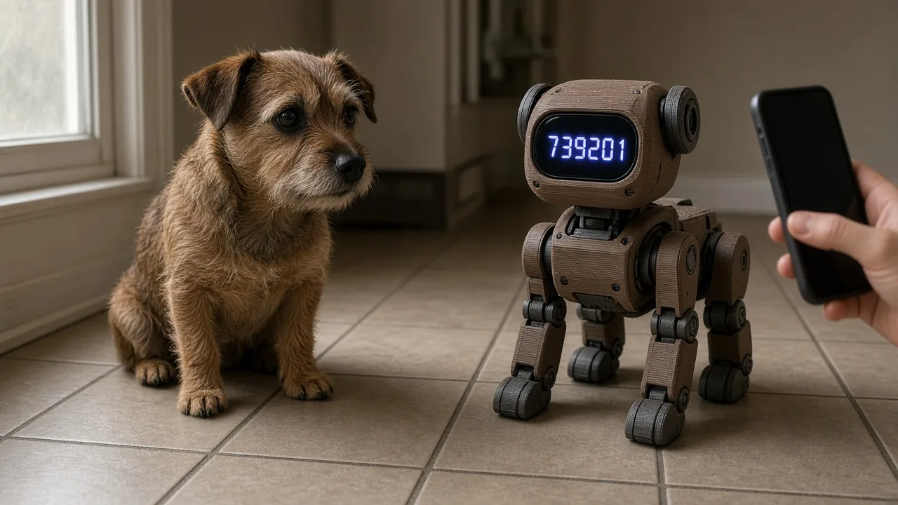 A terrier sitting beside a DIY robot dog toy whose screen shows a verification code during WiFi setup.