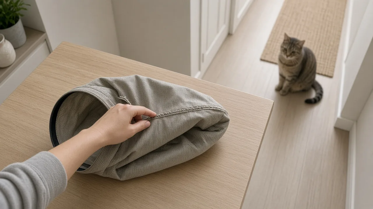 Hand checking the stitched seams of a cat tunnel for wear and damage during a routine safety inspection