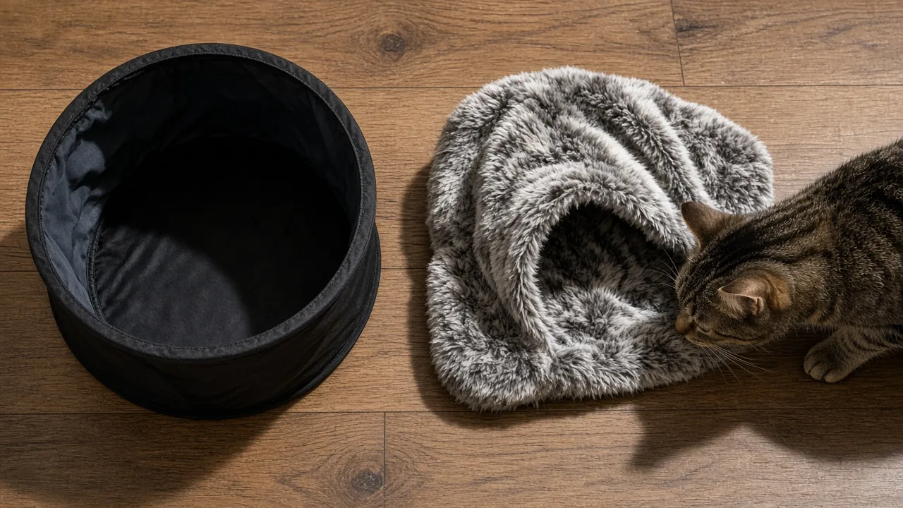 Cat sniffing a Ripple Rug-style fabric tunnel beside a wire-frame pop-up cat tunnel, comparing two cat tunnel types for