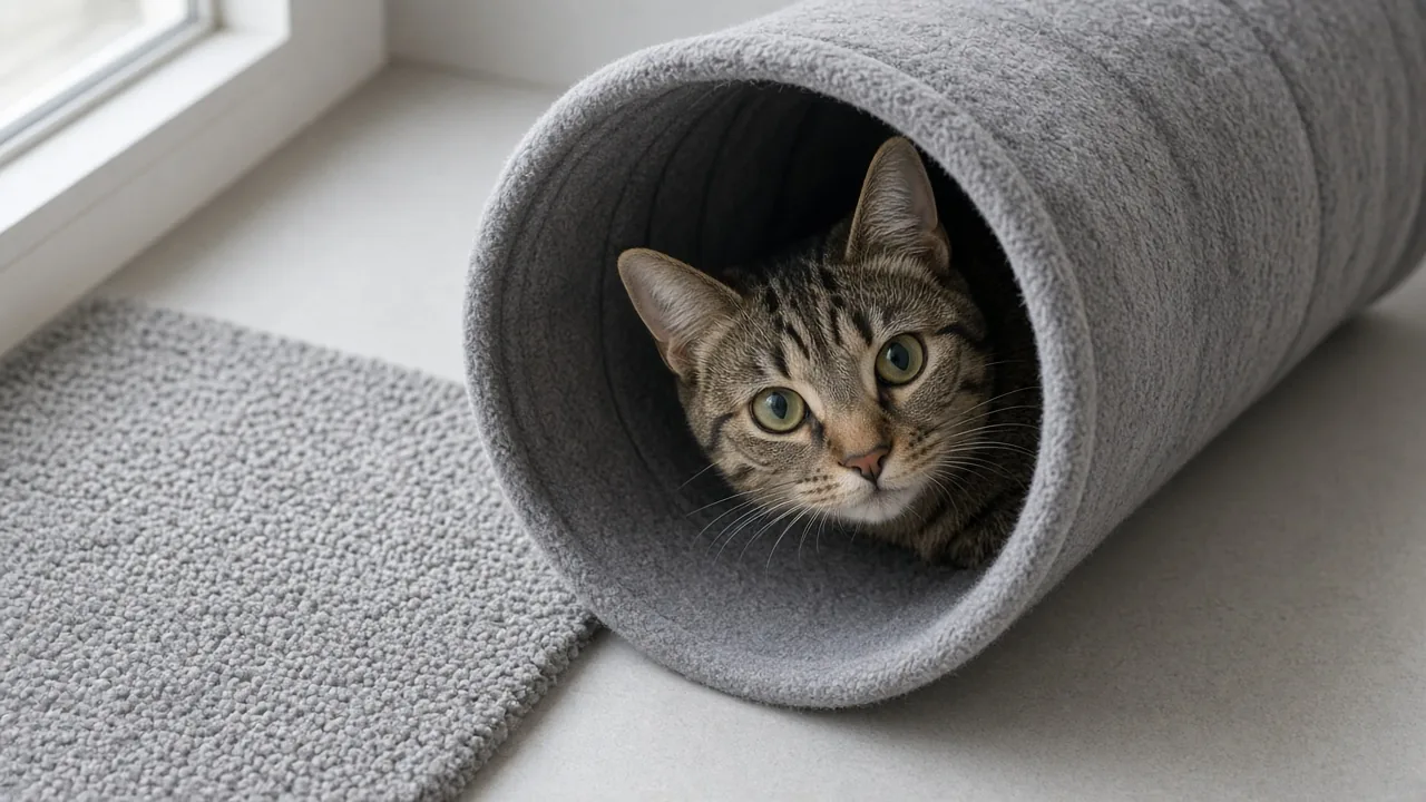 A curious tabby cat peeking out of a soft fabric cat tunnel, showing whether are cat tunnels safe for cats in a relaxed home