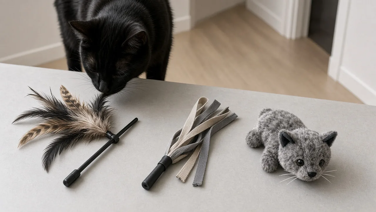 Assortment of interactive cat toys including a feather wand and fabric lure for different cat play styles