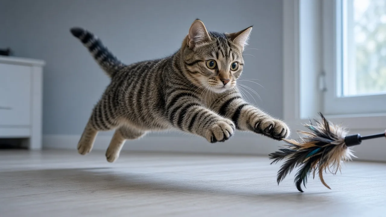 Cat leaping toward a feather wand toy during interactive play, showing why interactive cat toys are better than automatic
