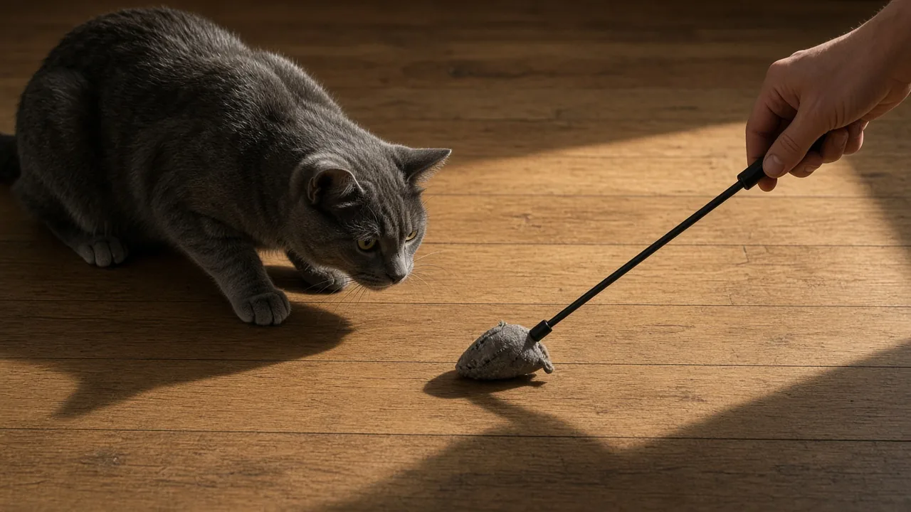 Cat stalking a moving wand toy held by hand, demonstrating why interactive cat toys are better than automatic ones