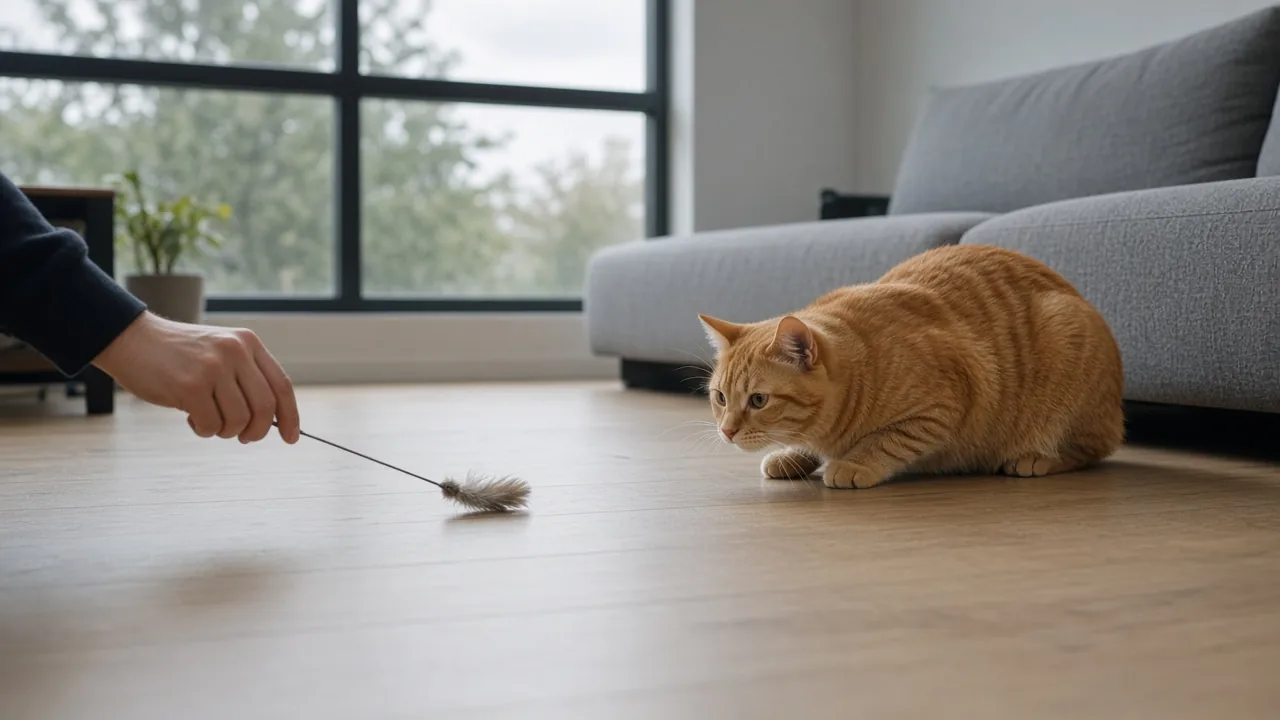 Cat watching a lure dragged across the floor during a hunt-catch-kill play session with interactive cat toys