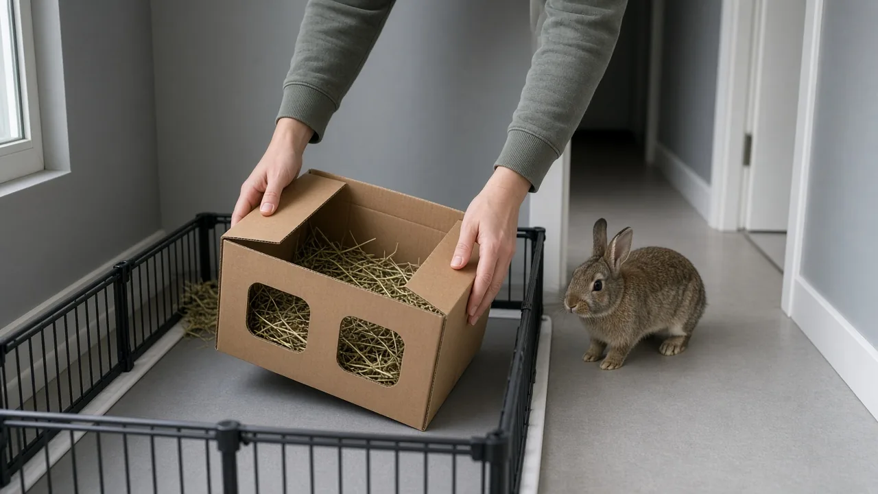 Hands setting up a cardboard hideaway box in a rabbit play pen, showing how to make the most of how much out of cage time do