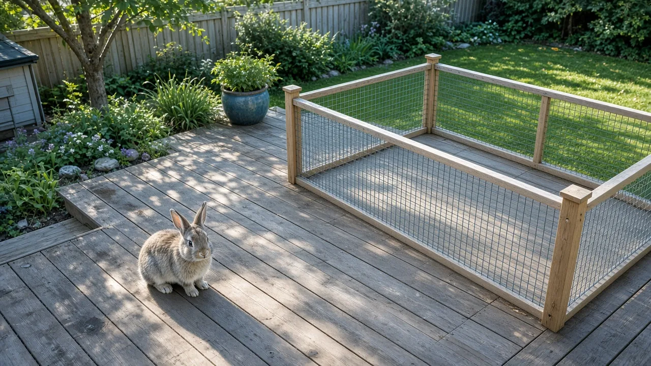A rabbit exploring a spacious backyard play pen on a sunny morning, showing how much out of cage time do rabbits need in an