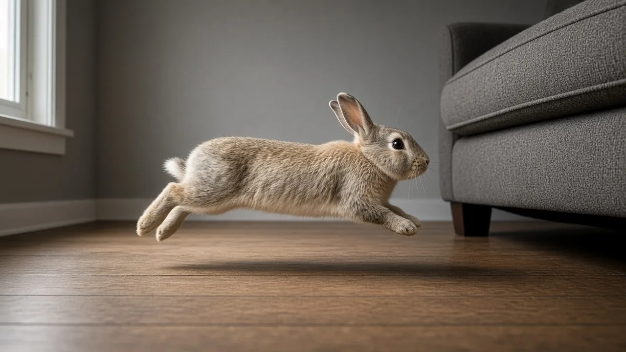 A rabbit hopping freely across a hardwood floor, showing how much out of cage time do rabbits need to stay active