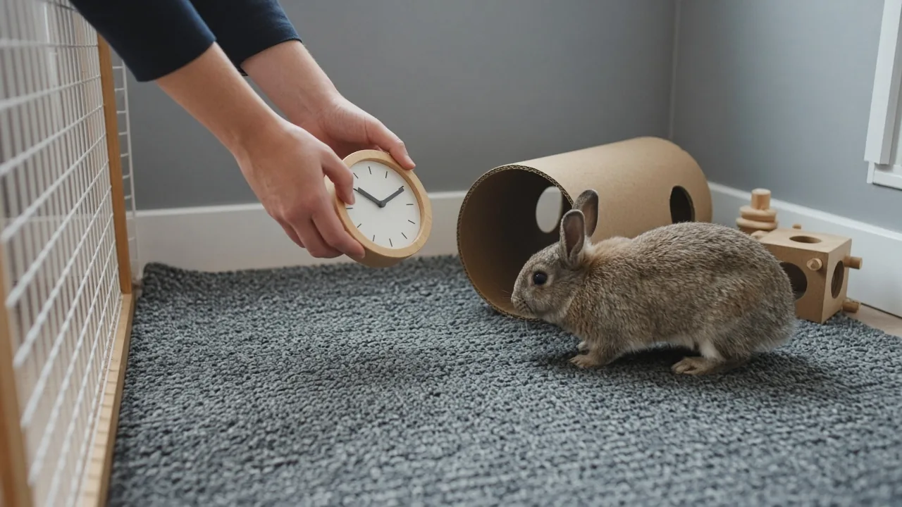 A rabbit sniffing a cardboard tunnel in a rabbit-proofed room, illustrating how much out of cage time do rabbits need each