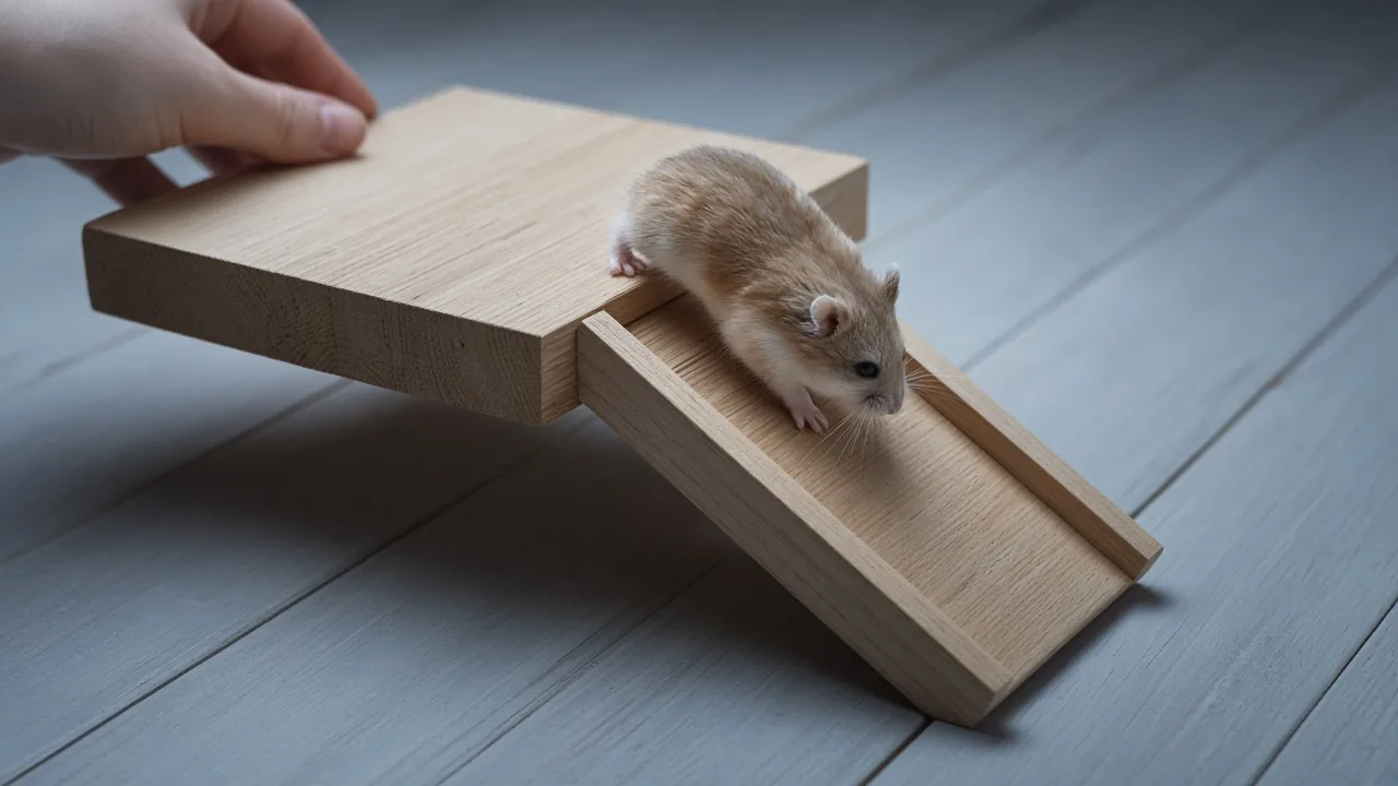 Hamster climbing a low wide wooden platform with a gentle ramp, showing a safe climbing toy for hamsters