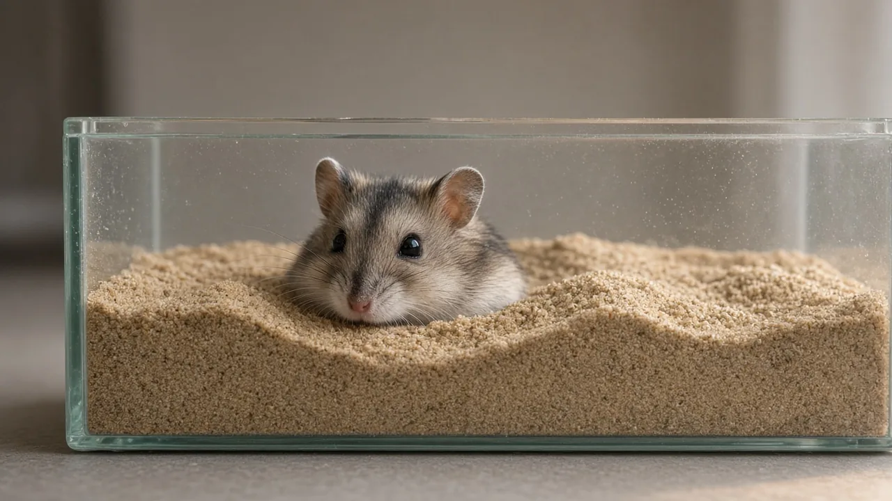 Hamster digging and burrowing into deep sand in a digging box, natural hamster toy setup