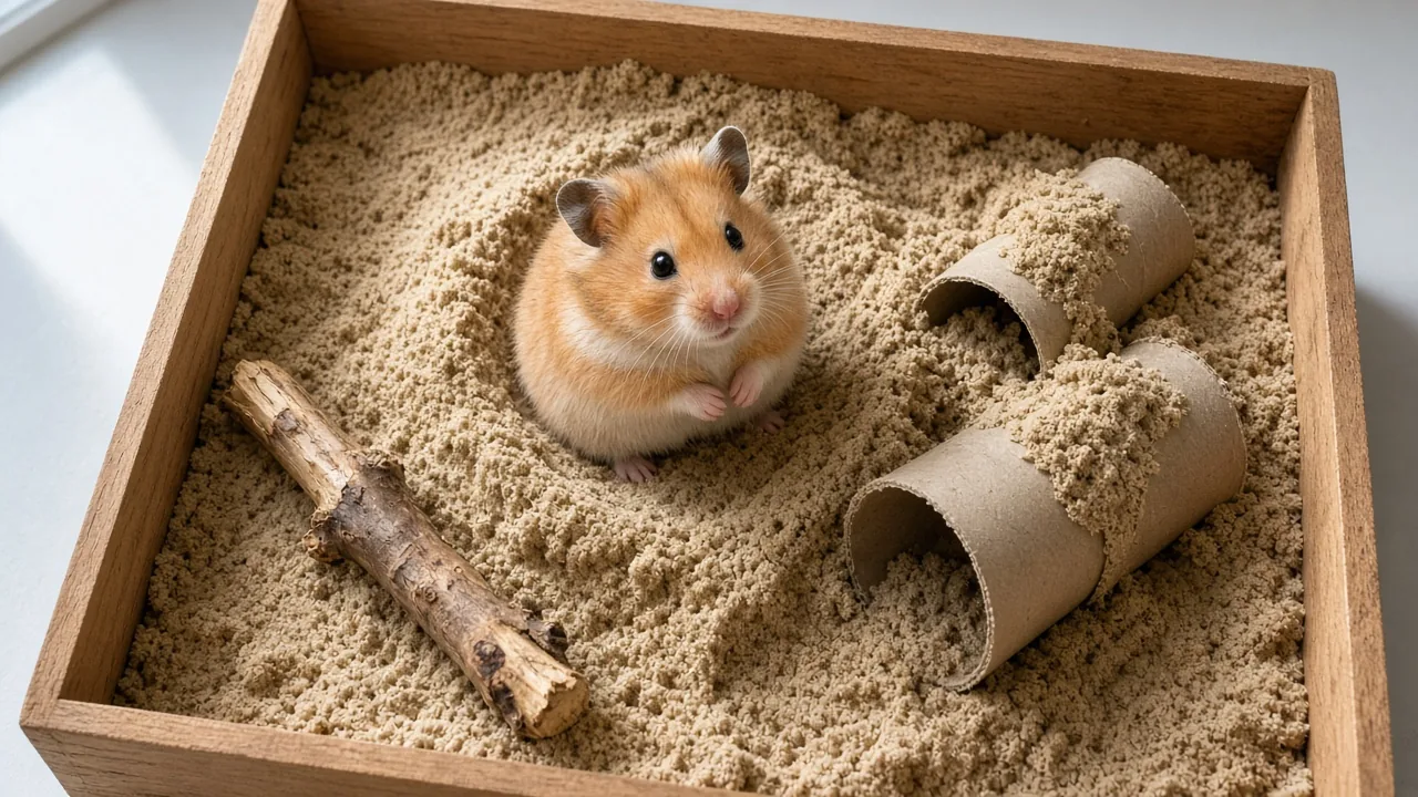 Hamster sitting on sand in a digging box next to a tunnel and chew stick, showing best hamster toys for burrowing and chewing