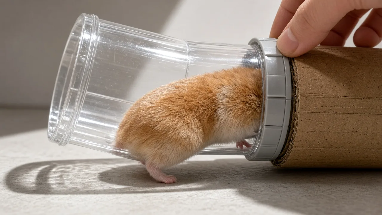 Hamster running through a clear tube tunnel, comparing DIY and store-bought hamster toys for burrowing