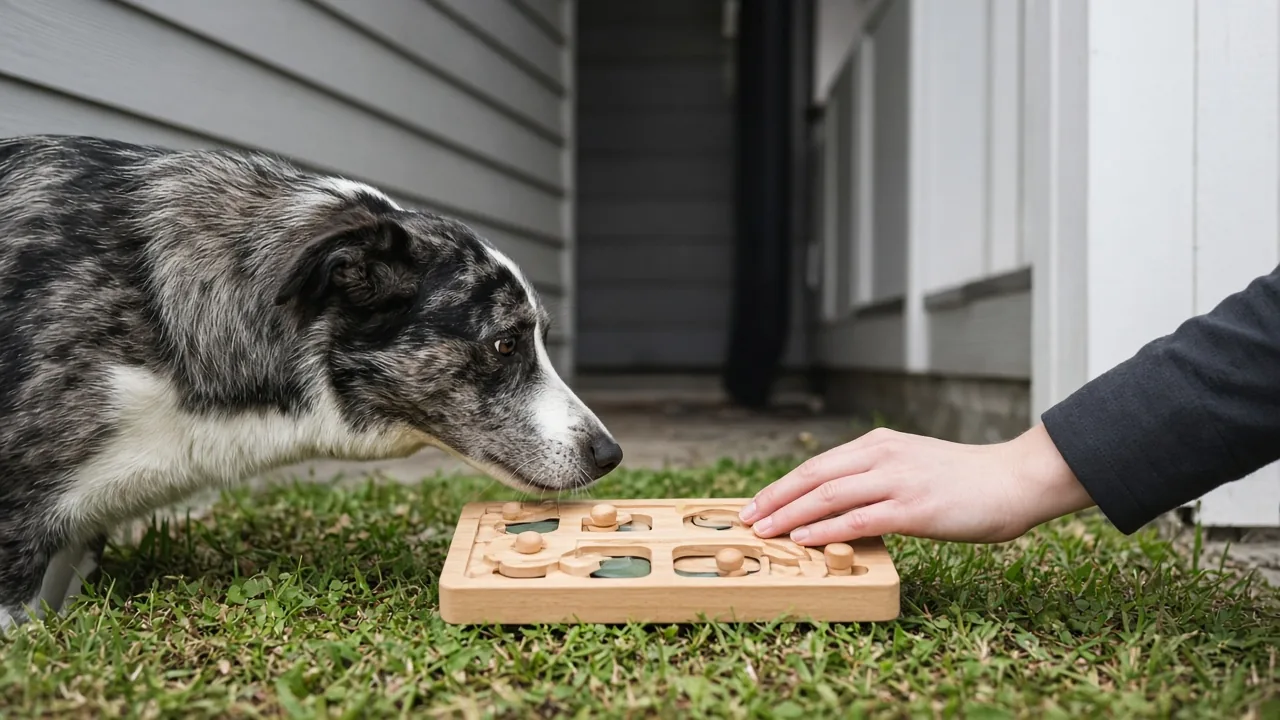 Dog checking a Nina Ottosson puzzle toy for loose pieces while the owner steadies it on grass
