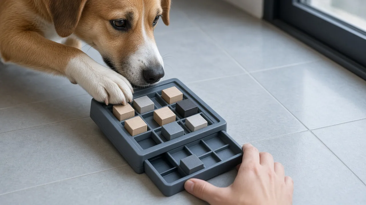 Dog moving sliding blocks on a Challenge Slider Nina Ottosson puzzle toy on a tile floor