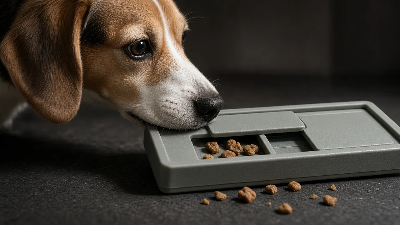 Dog sniffing a Hide and Slide Nina Ottosson puzzle toy with small kibble pieces in its open compartments