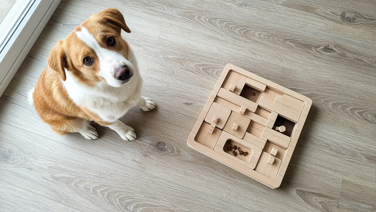 Dog working on a Nina Ottosson puzzle toy with sliding panels open to reach hidden treats on a wooden floor