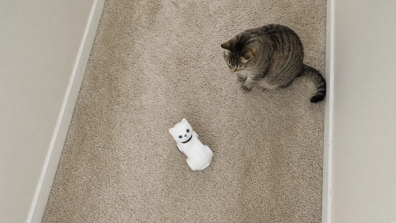 Turbo Tail cat toy stuck on thick carpet while a cat watches nearby, is Turbo Tail cat toy worth it