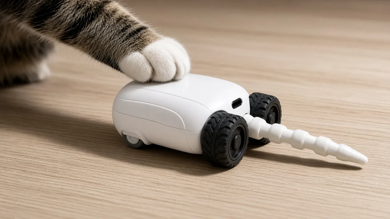Close-up of a cat's paw reaching toward a Turbo Tail 2.0 robotic toy with a worm attachment, is Turbo Tail cat toy worth it