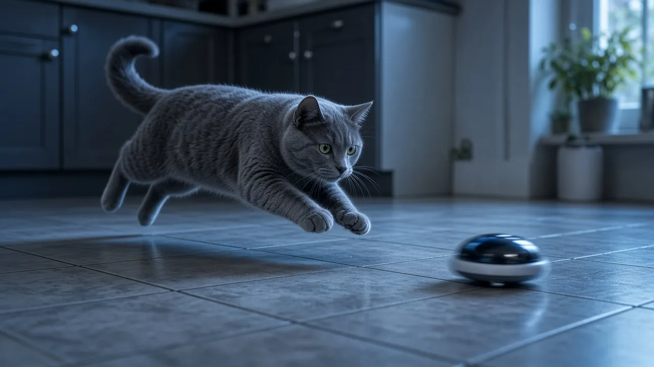 Gray cat pouncing after a Turbo Tail cat toy across a tiled kitchen floor, is Turbo Tail cat toy worth it